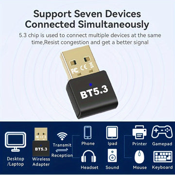 Adaptador inalámbrico USB 5.3 para PC, auriculares, teclado, ratón, altavoces - Plug and Play, compatible con Windows 11/10/8.1, compatible con versiones anteriores de 5.2/5.1/5.0/4.2/4.1/4.0, admite 7 dispositivos, no requiere batería.