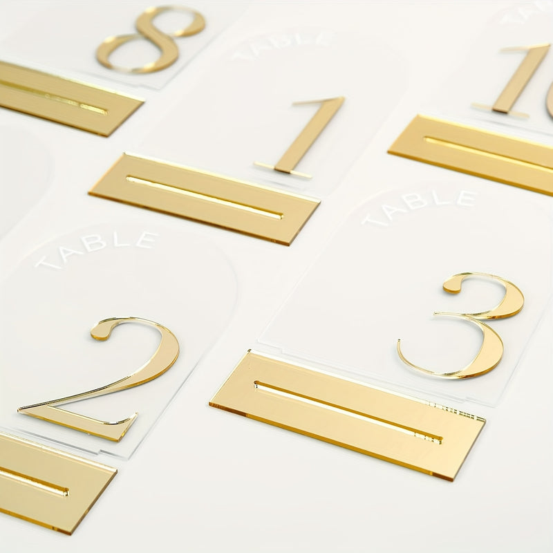 1 SET de números de mesa de boda de acrílico del 1 al 10 con soporte 10 x 15cm Números dorados elegantes Acrílico grueso y duradero Indicador de número de mesa adecuado para recepción, cumpleaños, aniversarios, decoración de centro de mesa de bodas, etc.