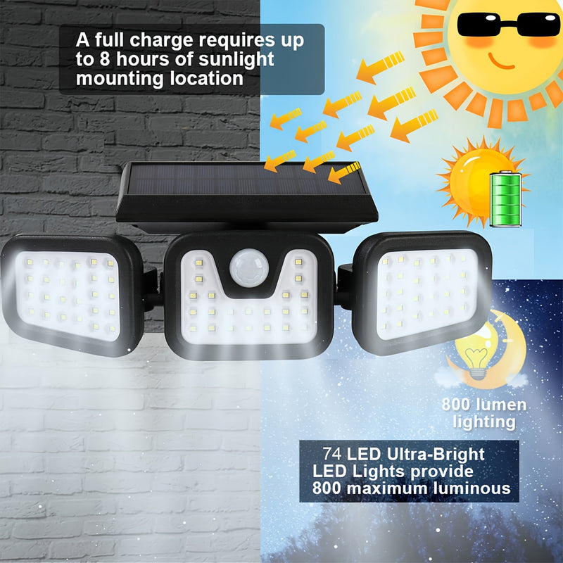 Luz de seguridad solar 74LED con sensor de movimiento para exteriores – 3 modos de iluminación, luz de seguridad con sensor de movimiento LED, luces de inundación solares para la puerta principal, patio, garaje, acera, camino