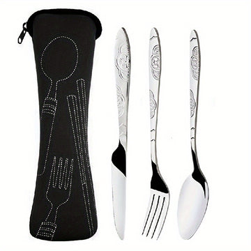 Juego de cubiertos premium de acero inoxidable, 5 piezas - cuchillo, tenedor y cuchara livianos, duraderos y antióxido, con estuche elegante - ideal para camping, viajes, picnics, trabajo y senderismo