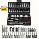 Juego de 46 piezas de dados de 1/4" con llave de carraca, extensiones y llave de torsión - Construcción metálica duradera, ideal para reparaciones automotrices, de bicicletas, motocicletas e industriales - Incluye estuche organizador, kit de herramientas