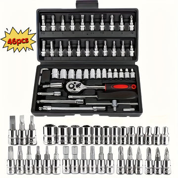 Juego de 46 piezas de dados de 1/4" con llave de carraca, extensiones y llave de torsión - Construcción metálica duradera, ideal para reparaciones automotrices, de bicicletas, motocicletas e industriales - Incluye estuche organizador, kit de herramientas