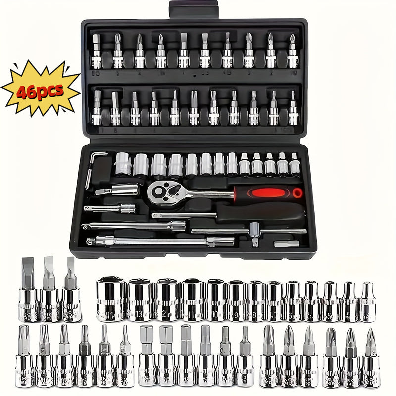 Juego de 46 piezas de dados de 1/4" con llave de carraca, extensiones y llave de torsión - Construcción metálica duradera, ideal para reparaciones automotrices, de bicicletas, motocicletas e industriales - Incluye estuche organizador, kit de herramientas