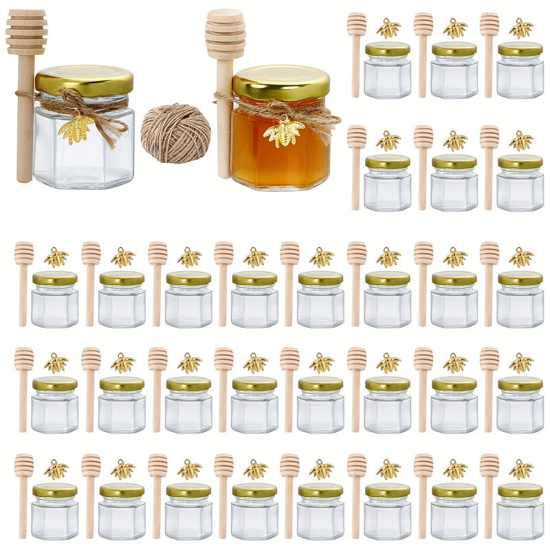 60/50/30/20 piezas de frascos de vidrio para miel, frasco hexagonal mini de 1.5 oz con cuchara de madera, tapa dorada, colgante de abeja y cuerda de yute, para mermeladas, dulces, baby shower, bodas y fiestas