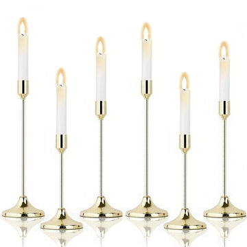 Elegante Juego de 6 Candelabros Metálicos Dorados para Bodas y Aniversarios - Acabado Pulido, Perfecto para Decoraciones de Mesas en Casa y Restaurantes (Velitas No Incluidas)