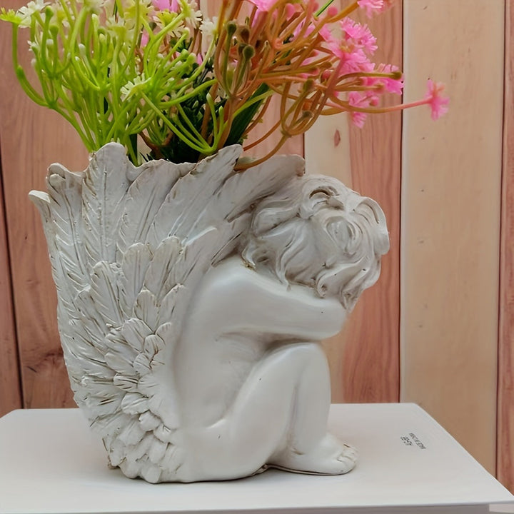 1pc Jarrón Moderno de Resina de Ángel Niño - Forma de Trompeta, Sin Batería con Diseño Detallado de Alas para Decoración Elegante del Hogar