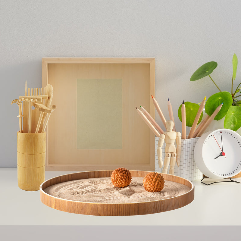 Juego de 7 Piezas de Rastrillo Mini Jardín Zen, Rastrillo de Bambú para Jardines Zen, Kit de Caja de Arena y Rocas de Escritorio, Herramientas y Accesorios Mini Jardín Zen, Accesorios para Caja de Arena Japonesa, Rastrillo de Jardinería, Ideal para Medit