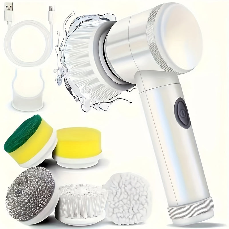 Cepillo giratorio 5 en 1 con 5 cabezas intercambiables - Cepillo de mano inalámbrico, limpiador de ducha y cocina recargable para baño, bañera, azulejos y ducha - Portátil, carga USB, batería de 500 mAh, cepillo de limpieza | Limpiador de cocina moderno
