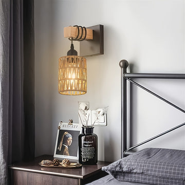 1pz/2pzs Apliques de Pared Estilo Boho de Ratán, Lámparas de Pared Tejidas al Hilo con Brazo de Madera para Casa de Campo, Grandes Luces Montadas en la Pared Rústicas de Mimbre para Dormitorio Guardería Sala de Baño y Salón