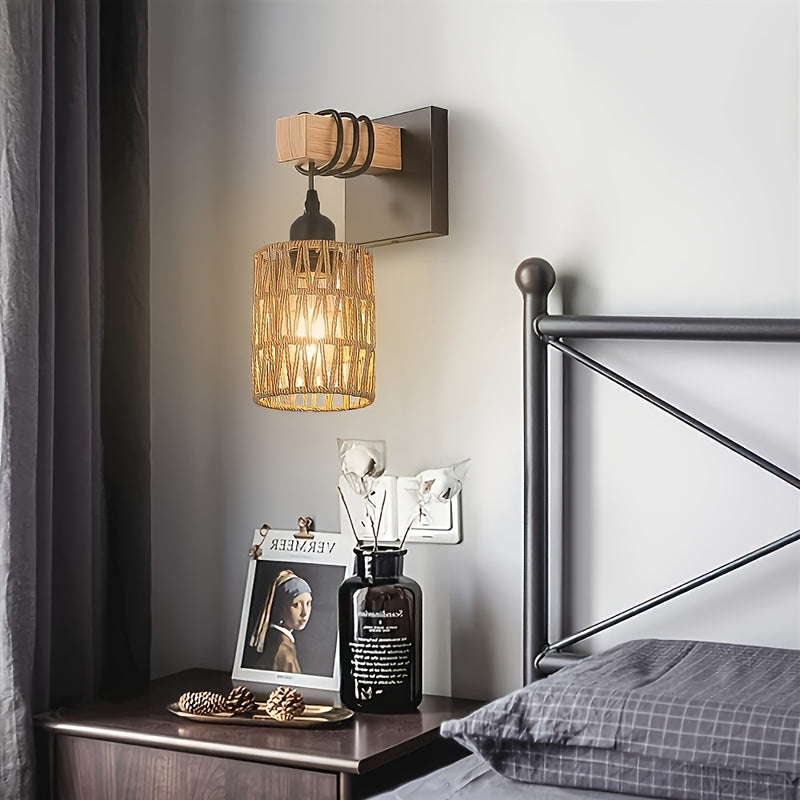 1pz/2pzs Apliques de Pared Estilo Boho de Ratán, Lámparas de Pared Tejidas al Hilo con Brazo de Madera para Casa de Campo, Grandes Luces Montadas en la Pared Rústicas de Mimbre para Dormitorio Guardería Sala de Baño y Salón