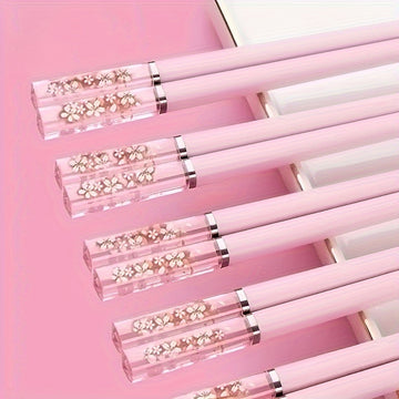 1/ 5 Pares De Palillos De Aleación Rosa Con Cereza Ámbar, Reutilizables Para Comidas En Casa, Vajilla De Estilo Chino Y Coreano, Comida Rápida, Fideos, Palillos De Sushi, Palillos De Ramen