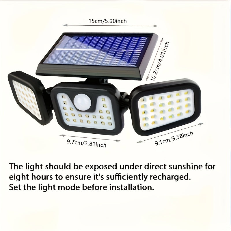 Luz de seguridad solar con sensor de movimiento - 74 LED, luz de inundación exterior, 3 modos, impermeable, adecuada para la puerta principal, patio, garaje, sendero, camino, jardín y patio, alimentada por energía solar y ahorro de energía, cuerpo de plá