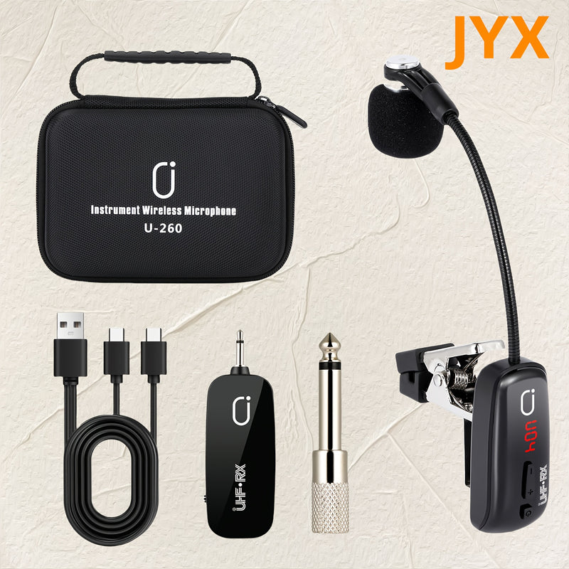 Micrófono inalámbrico UHF JYX para saxofón - Diseño de cuello de ganso con carga USB, conector de 6,35 mm, rango de transmisión de 160 pies, compatible con saxofón, trompeta, clarinete, violonchelo, trombón, cuerno francés, tuba - Incluye estuche de alma