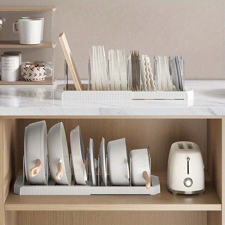 Soporte de Ollas Retráctil de Acero Inoxidable con 6 Compartimentos Ajustables - Estante Flexible para Cocina para Ollas, Tapas y Utensilios - Ideal para Cocinas Caseras, Cafeterías, Restaurantes y Bares