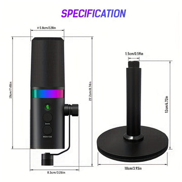 Micrófono Dinámico AmaceX RGB con XLR/USB - Ideal para Podcasting, Gaming, Grabación y Voz en Off | Construcción Metálica con Función de Silencio