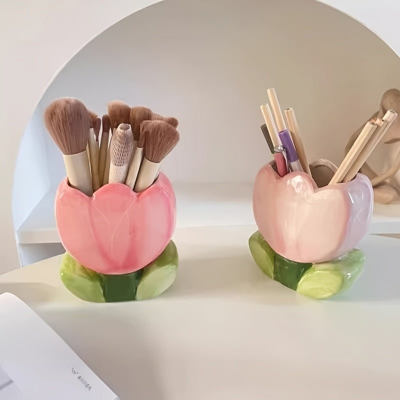Soporte de cepillo de maquillaje floral, taza de lápiz de escritorio, accesorio de almacenamiento decorativo para oficina y dormitorio, no necesita electricidad, regalo único para Halloween y Navidad (1 pieza)