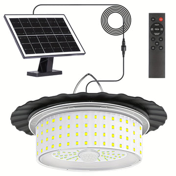 1-Pack Luz Solar para Cobertizo con Control Remoto, 244 LED Lámpara Colgante Solarte, Sensor de Movimiento y Impermeable IP65, Iluminación Exterior/Interior con Cuello Ajustable, Panel Solar, para Garaje, Patio, Camping, Jardín, Granero - Iluminación LED