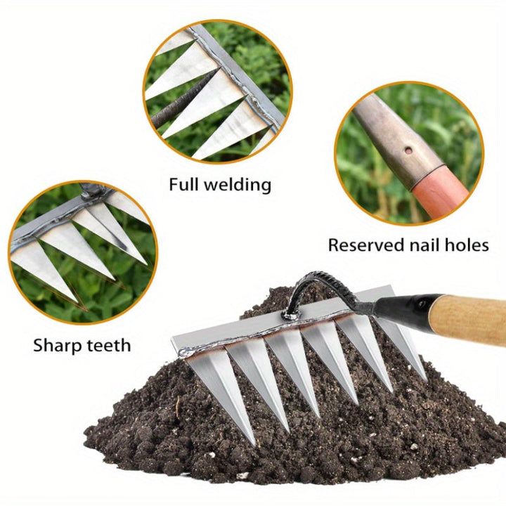 Rastrillo de Jardín de Acero al Carbono Resistente con 8, 6 o 5 Dientes - Herramienta Duradera para Deshierbe y Suelos Resistentes, Mango para Agarre Fácil, Ideal para la Eliminación Segura de Malezas en Jardines