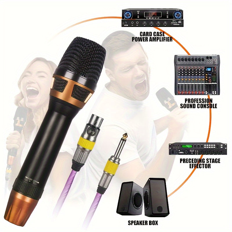 Micrófono de Karaoke Dinámico XGeS, Micrófono de Voz Profesional de Metal Portátil, Material de Cobre, Negro, con Cable de Altavoz XLR de 5M 6,35mm, para Cantar, Juegos, Conferencias de Video, Transmisión, Sin Batería Requerida, Alimentación Cableada ≤36