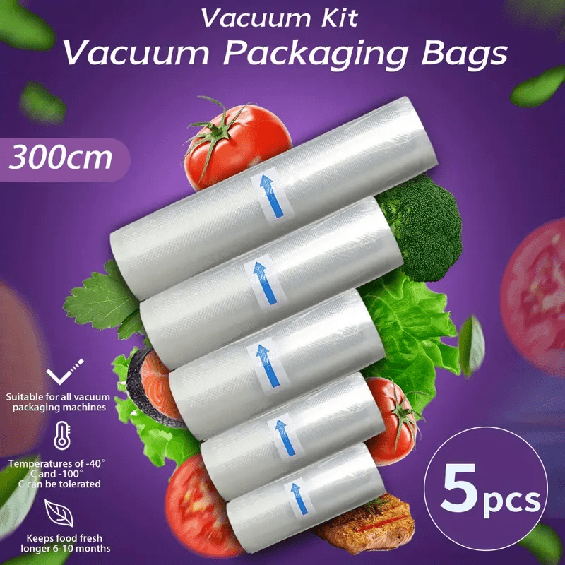 300cm*(28+25+20+15+12) Un conjunto de bolsas selladas al vacío con 5 tamaños no contiene Bisfenol A. La bolsa de vacío para alimentos se utiliza para el almacenamiento de alimentos, bolsas selladas al vacío, carne, frutas, verduras, harina y envasado de