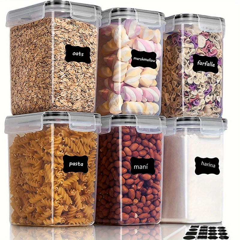 Juego de 6 contenedores de almacenamiento de alimentos herméticos, plástico libre de BPA, 54oz/1.5qt/1.6L, organizadores de cocina multifuncionales para azúcar, harina, pasta, maní, seguros para lavavajillas, incluye etiquetas y marcador