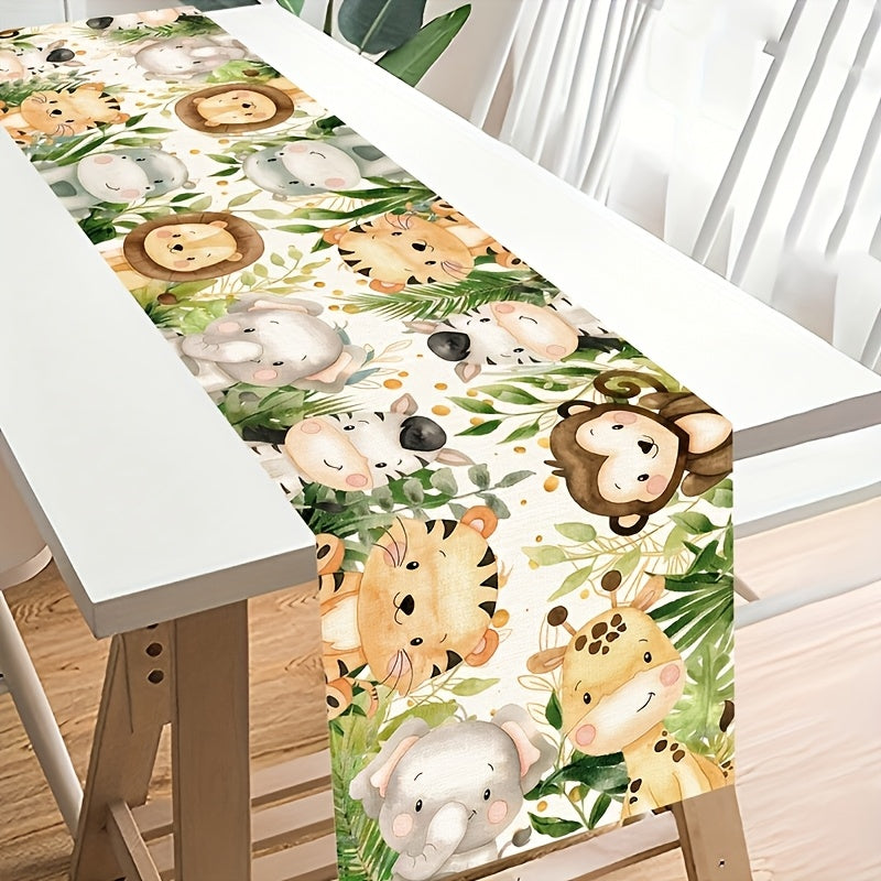 Corredor de Mesa con Estampado de Animales del Jungla - 1 pieza, 100% Poliéster, Diseño Lindo de León, Tigre, Cebra y Elefante en Dibujos Animados con Hojas Vibrantes, Perfecto para Decoración de Primavera, Fiestas Infantiles y Eventos Temáticos, Decorac