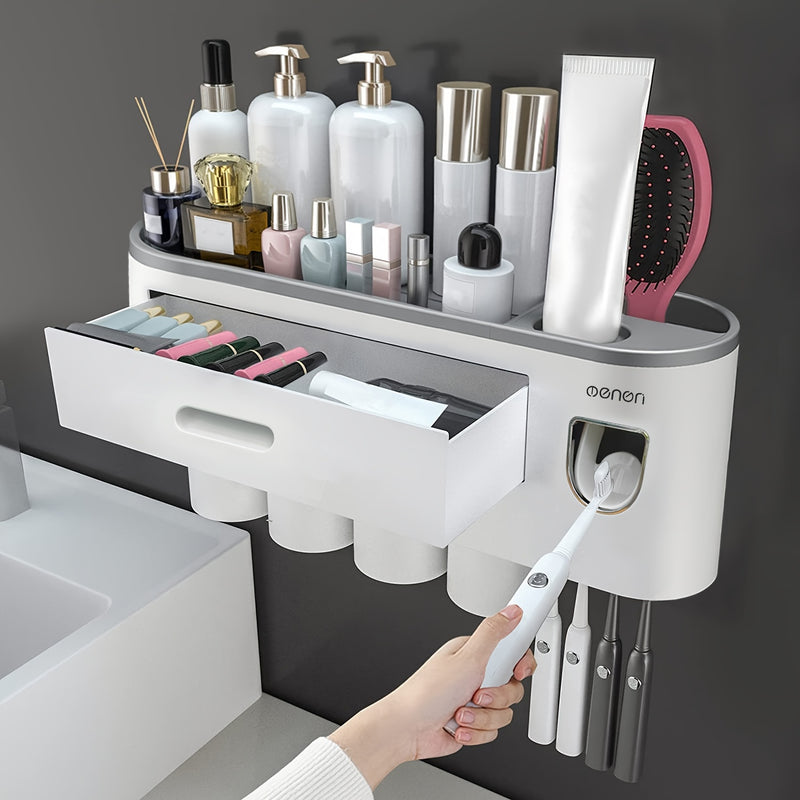 1 Juego De 2/3/4 Piezas, Porta Cepillos De Dientes Para Baños, Vasos Porta Cepillos, Montado En La Pared Con Dispensador De Pasta De Dientes, Bandeja De Gran Capacidad, 2 Cajones Para Cosméticos, Organizador De Baño Y Accesorios De Baño