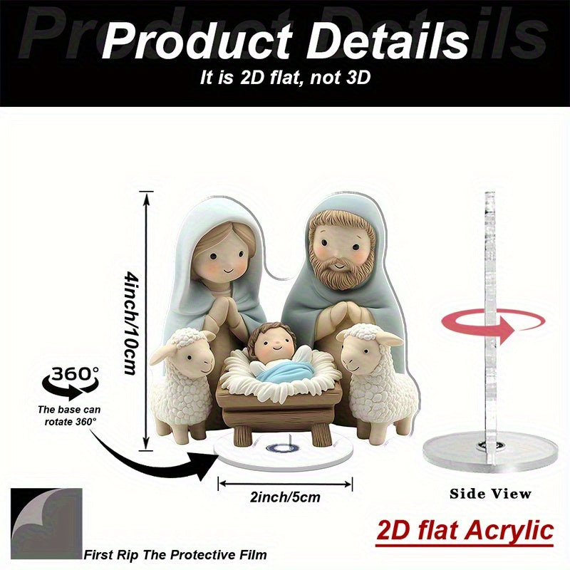 Decoración navideña de mesa 2D acrílica plana con diseño sereno de María, José y el niño Jesús junto a ovejas - ideal para decoraciones familiares en interiores y exteriores, regalos festivos perfectos para Navidad