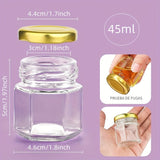 16-Pack Mini Tarros de Vidrio Hexagonales de 45ml con Tapas de Tornillo Doradas, Multiusos, Aptos para Lavavajillas, Reutilizables, Botes Herméticos para Miel, Mermeladas, Especias, Regalos de Boda, Manualidades de Bricolaje