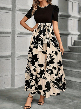 Vestido Elegante con Estampado Floral y Cinturón - Cuello Redondo, Manga Corta, Diseño en A para Mujer - Perfecto para Primavera y Verano