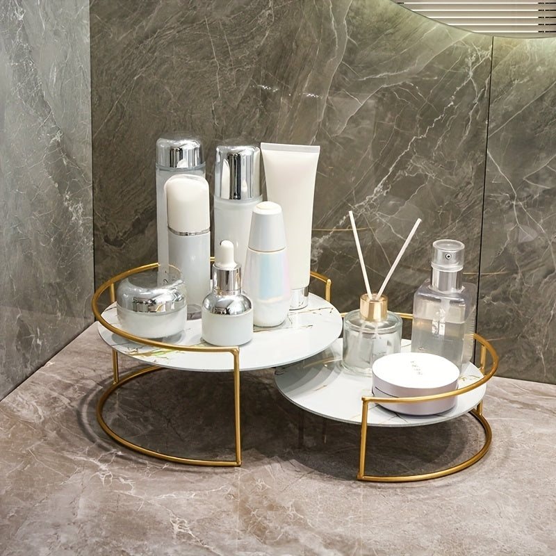 Juego de 2 bandejas para baño, modelo combinado grande + pequeña, placa base UV, marco metálico, adecuadas para encimeras de baños, dormitorios, oficinas, estantes de almacenamiento para escritorio