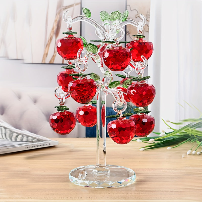 Elegante decoración de árbol de manzana de cristal - Adorno de vidrio rojo y transparente con hojas doradas, perfecto para oficina, sala de estar o mostrador de entrada, decoración de manzana.