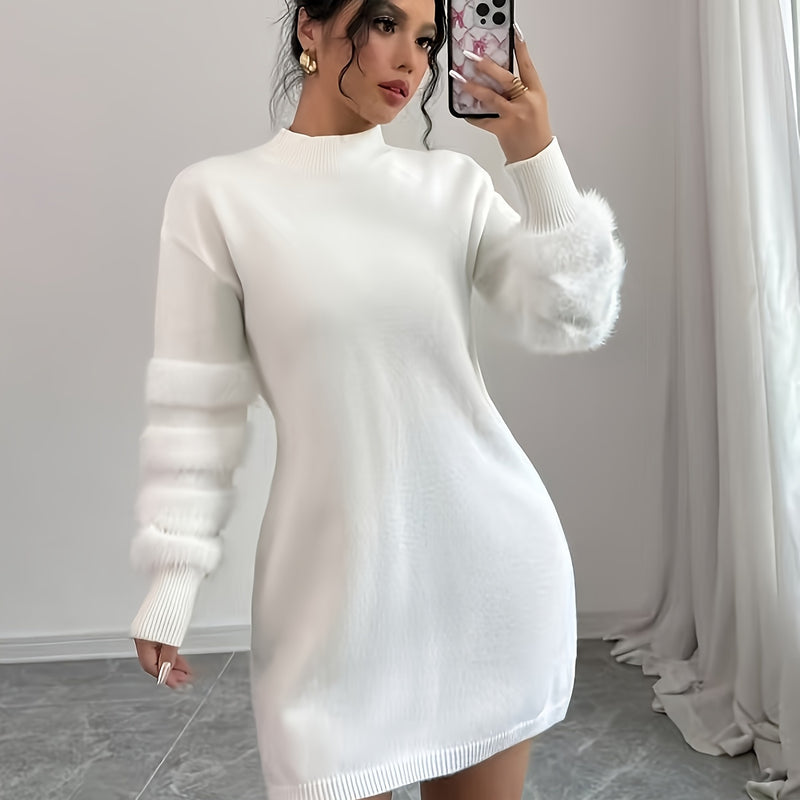 Vestido elegante de cuello alto para mujer, ajustado, midi, lavable a máquina, manga larga, color sólido, con puños acolchados, ideal para primavera/otoño, casual a semiformal, atuendo formal, estilo sofisticado, tejido con textura