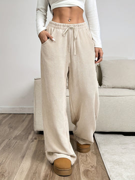 Botas Anchas de Pana Beis para Mujer - Pantalones Casuales con Cintura Elástica, 100% Poliéster Lavables en Máquina para Otoño/Invierno, Color Sólido Sin Estirar y Cómodos