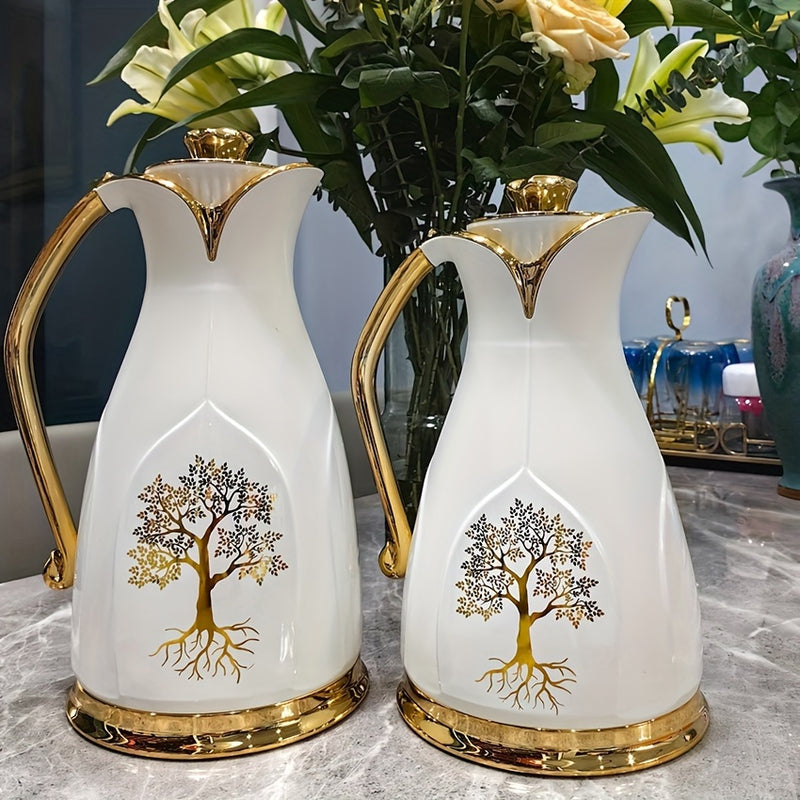 Jarra de Café Elegante con Doble Pared Aislada y Diseño del Árbol de la Vida Dorado - Termo Blanco y Dorado para Bebidas Calientes, Ideal para Servir Té y Café | Pieza Sofisticada de Presentación con Asa y Pico