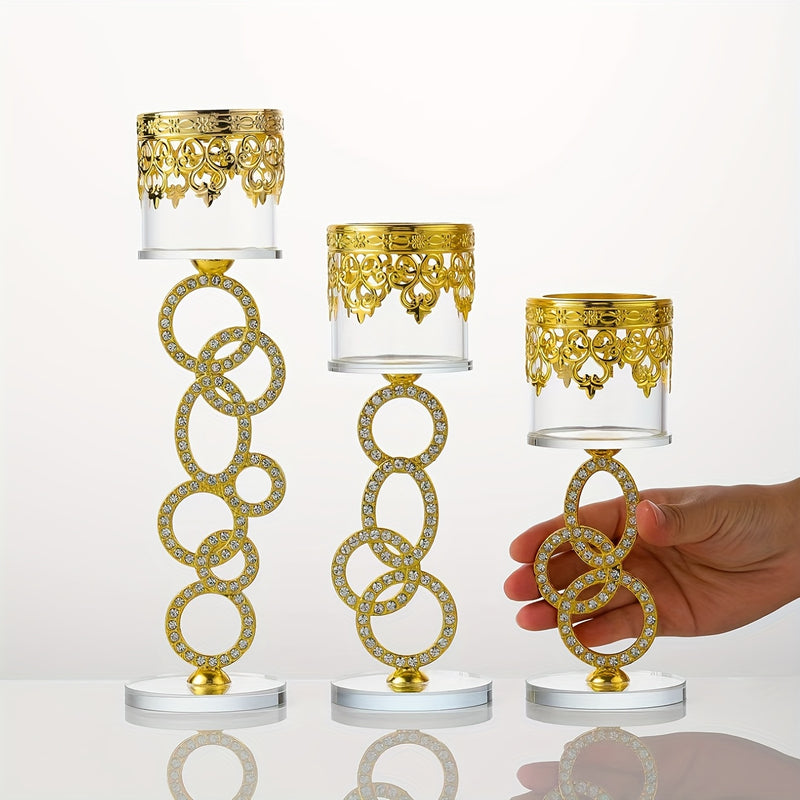 Juego de 3 piezas de soporte de velas de vidrio de cristal, elegante y romántico, con un toque de oro vintage, ideal para decoraciones navideñas, adornos de mesa.