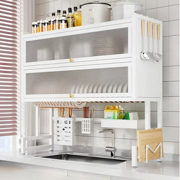 Organizador de Cocina Multifuncional con Porta Utensilios, Estante para Fregadero Antipolvo en Acero y Plástico para Platos, Tazones y Tablas de Cortar, Organizadores de Lavabo