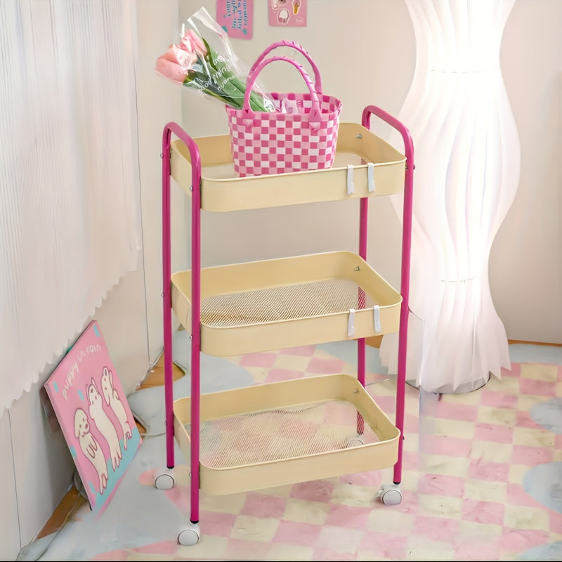 Carrito organizador rodante de 3 niveles, gran capacidad, estructura de acero al carbono, estilo glam, multiusos para el hogar y la oficina, con canastas