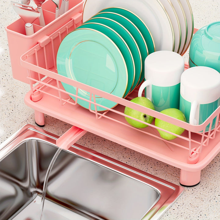 Organizador de cocina multifuncional con escurridor de platos, bandeja de drenaje y porta utensilios - Secador de platos para cubiertos, cuchillos, tenedores y palillos, ahorra espacio en la encimera