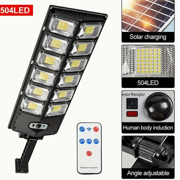Juego de 1 lámpara solar con 504 LED súper brillantes, luz exterior con modo diurno y sensor de movimiento, ideal para patios, jardines, patios, aceras, campus y diversas iluminaciones exteriores