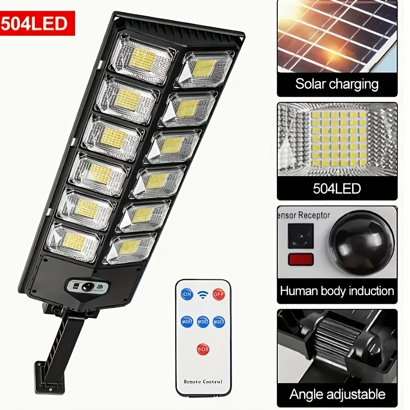 Juego de 1 lámpara solar con 504 LED súper brillantes, luz exterior con modo diurno y sensor de movimiento, ideal para patios, jardines, patios, aceras, campus y diversas iluminaciones exteriores