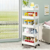 Carrito de Almacenamiento Rodante 3/4/5 Niveles - Organizador Multiusos de Plástico Resistente con Ruedas, Alta Capacidad y Diseño Estable para Dormitorio, Cocina, Camping, Armario, Despensa, Lavandería - Estante Versátil, Bandejas Amplias, Mango Telescó