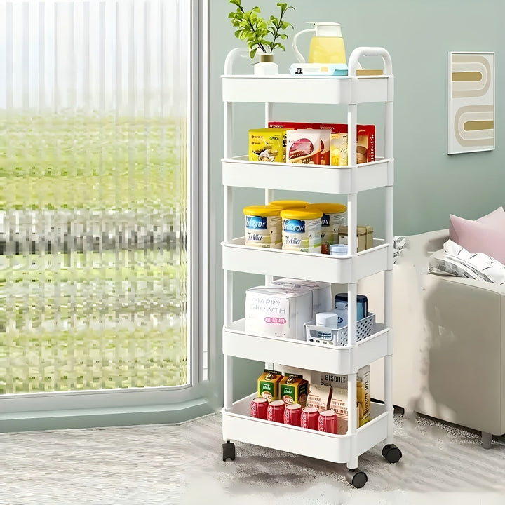 Carrito de Almacenamiento Rodante 3/4/5 Niveles - Organizador Multiusos de Plástico Resistente con Ruedas, Alta Capacidad y Diseño Estable para Dormitorio, Cocina, Camping, Armario, Despensa, Lavandería - Estante Versátil, Bandejas Amplias, Mango Telescó