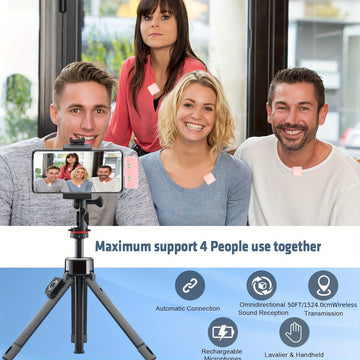 Microfonos Inalámbricos Profesionales Lewinner de 4 Piezas - Conexión USB-C, Reducción de Ruido, Diseño con Pinza y Pompóns Suaves, Rosa, Ideales para Karaoke, Transmisiones en Vivo y Grabación de Vídeo