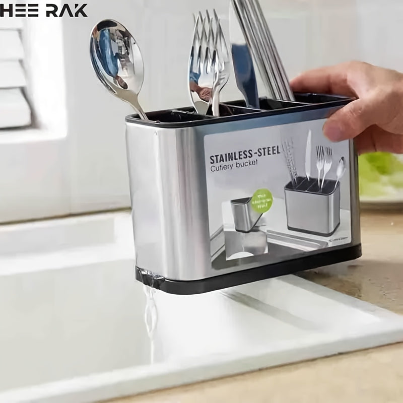 Un organizador de cubiertos de plata, un soporte de utensilios de cocina de encimera, un soporte de bolas de acero inoxidable, con un diseño de 4 compartimentos para organizar utensilios, cucharas y tenedores.