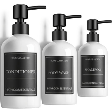Juego de 3 Dispensadores de Champú y Acondicionador GAONLY - Botellas Modernas de PET de 16.9oz para Jabón de Ducha con Bomba y Etiquetas - Dispensadores de Gel de Baño Fáciles de Recargar para una Decoración Instantánea del Baño - Regalo de Navidad