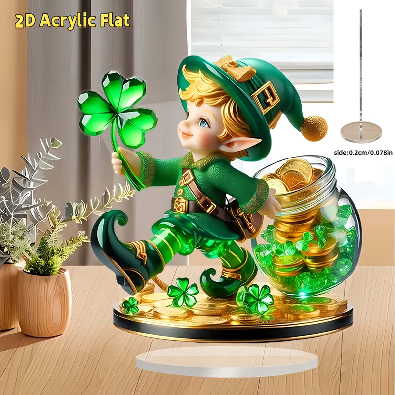 Decoración de Escritorio 2D Acrílico Cristal Leprechaun con Trébol, Decoración Multiusos para el Hogar sin Baterías, Ideal para Regalos del Día de San Patricio y Adornos Festivos, 2D Plano