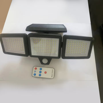 Paquete de 2/1 Lámpara Solar Exterior con Control Remoto, Luz de Seguridad de 210 LED con Sensor de Movimiento y Tres Cabezas, Ángulo Amplio de 270°, Resistente al Óxido, 3 Modos