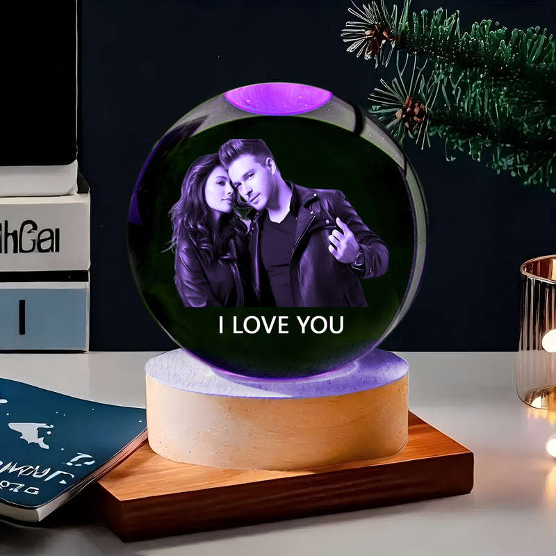 Esfera de cristal personalizable con base de madera - Esfera de vidrio con fotos personalizadas para decoración de dormitorio y sala de estar - Regalo ideal para cumpleaños, San Valentín, Acción de Gracias, Navidad - Opción de grabado DIY, alimentado por