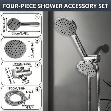 1 juego de cabezal de ducha de alto flujo de 4 pulgadas y manguera, set de ducha manual 2 en 1 con manguera de 59 pulgadas, desviador de 3 vías con soporte para cabezal de ducha, accesorio de baño de plástico estilo glam montado en la pared, salida doble
